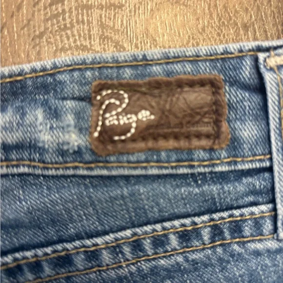 PAIGE Distressed Medium Blue Denim Shorts - Picture 4 of 8